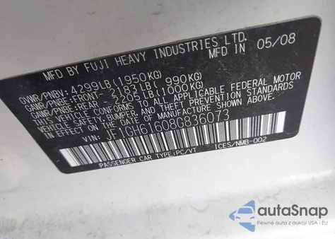 2008 Subaru Impreza 2.5I из США, поврежденный, VIN JF1GH61608G836073